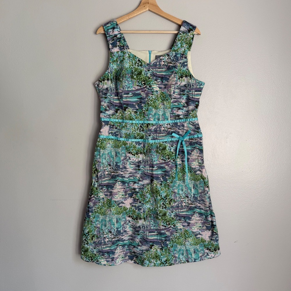 Vintage Art to Wear AOP Sailboat Scenic Ribbon Dress Travel Summer Holiday sz 16